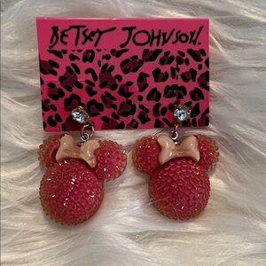 Betsey Johnson Pink Minnie Mouse Style Bow Rhinestone Stud Drop Earrings